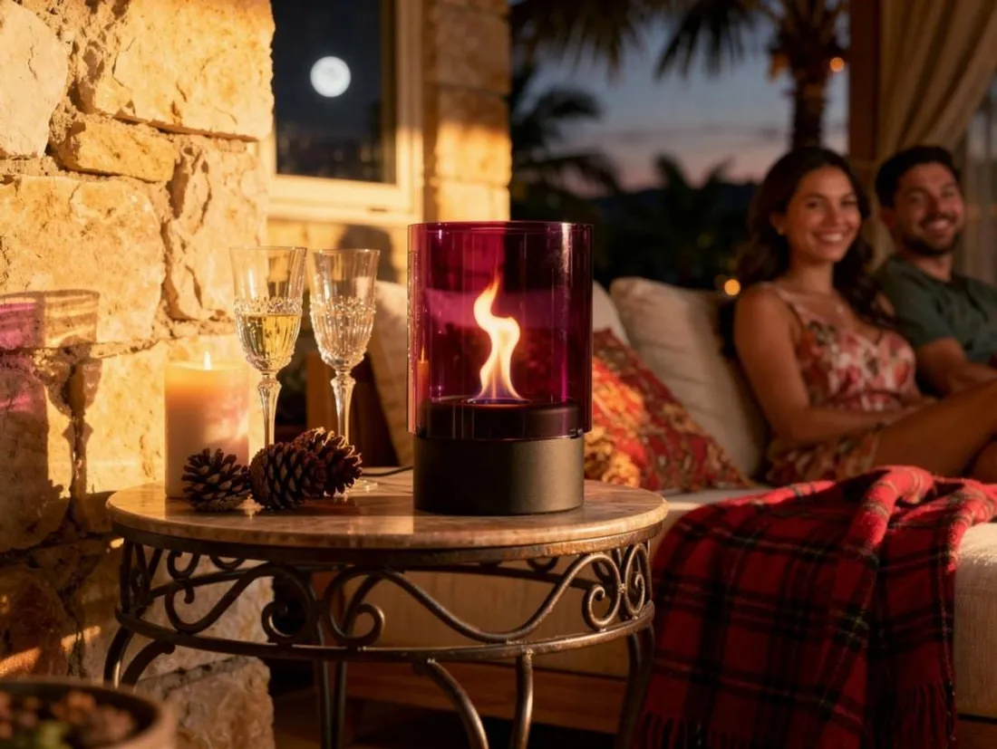 Chimenea de etanol de sobremesa de cristal templado violeta — ambiente 3